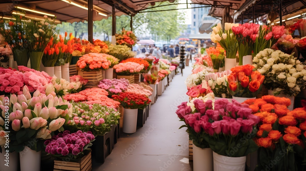 Colorful flowers in the flower market. Blurred background. Shallow depth of field