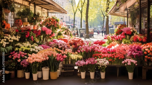Flower market in Paris, France. Panoramic view.