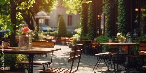 Outdoor table of coffee cafe and restaurant. Summer terrace on city street. Empty outside tables and chairs of outdoor cafe on blur green garden.