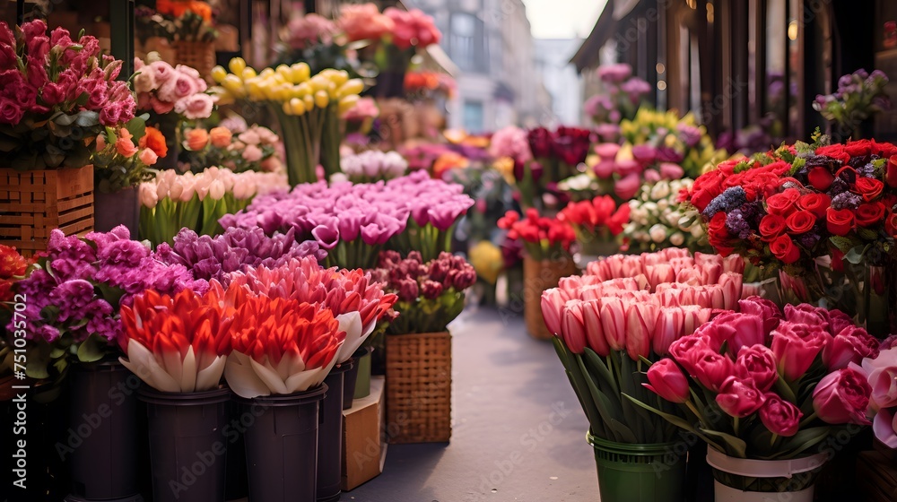 Flower shop in Paris, France. Bouquets of red and pink tulips in a flower shop