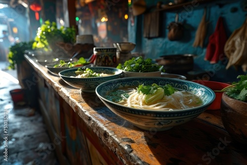 a row of bowls of noodles and vegetables on a wooden counter