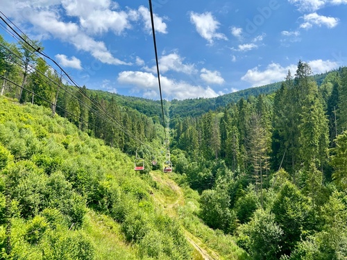 Cable car in the mountains in summer. Carpathians, Ukraine
