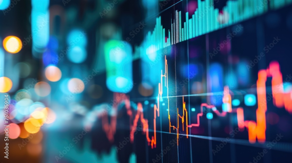 analysis on the monitor. Concept of fundamental and technical analysis. Stock market charts