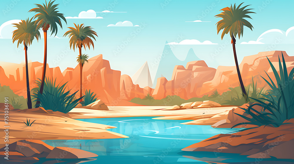 A vector graphic of a desert oasis with palm trees.