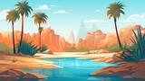 A vector graphic of a desert oasis with palm trees.