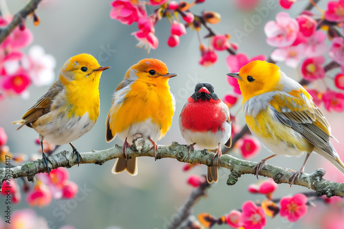 Yellow and red birds sitting on spring tree branch with pink flowers.
