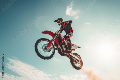 A man pilots a dirt bike by jumping in the air photo