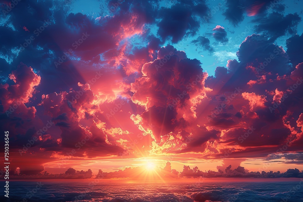a beautiful sunset in the sky, in the style of gauzy atmospheric landscapes, god rays, photo-realistic landscapes, lightbox, dark azure and orange. Generative AI - obrazy, fototapety, plakaty 