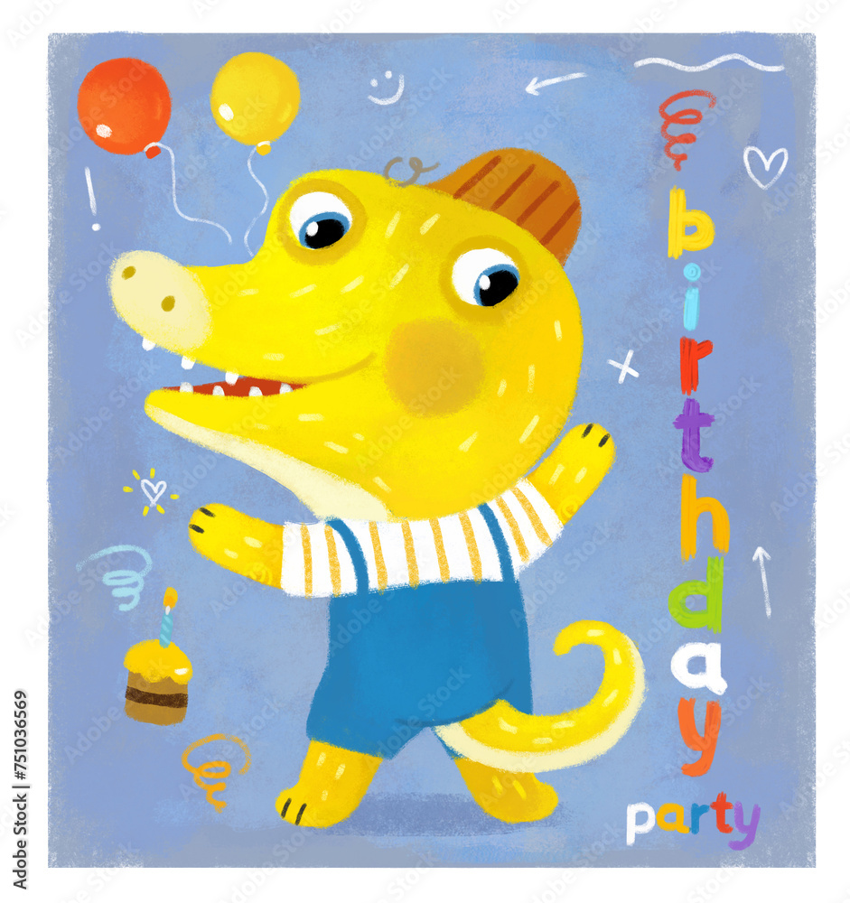 Obraz premium cartoon scene with dino dinosaur or dragon playing having fun on his birthday eating sweets white background illustration for children