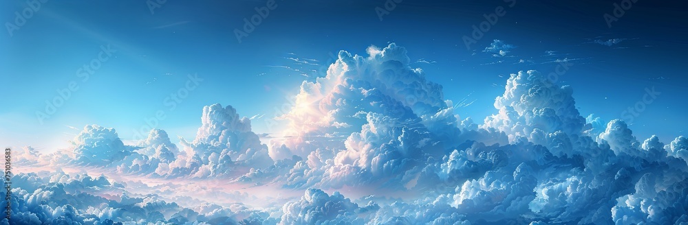 a blue and white sky background with clouds, in the style of delicate watercolor, shaped canvas, soft-edged, digital painting, light black and sky-blue, small brushstrokes. generative AI - obrazy, fototapety, plakaty 