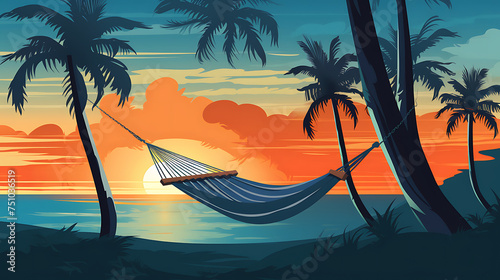 A vector graphic of a hammock strung between palm trees.