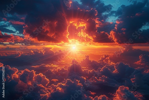 a beautiful sunset in the sky, in the style of gauzy atmospheric landscapes, god rays, photo-realistic landscapes, lightbox, dark azure and orange. Generative AI photo