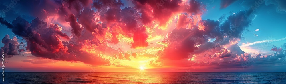 a colorful sunset with clouds, in the style of impressive panoramas, light red, photo-realistic landscapes, subtle luminosity, lightbox, dark yellow and light azure. Generative AI a colorful sunset with clouds, in the style of impressive panoramas, light red, photo-realistic landscapes, subtle luminosity, lightbox, dark yellow and light azure. Generative AI