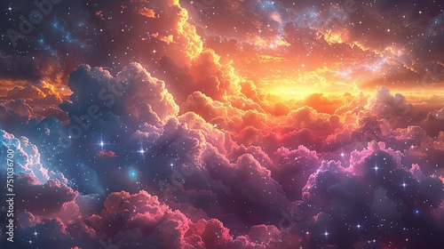 a colorful cloud filled with stars above a sky, in the style of realistic fantasy artwork, birds-eye-view. Generative AI