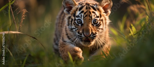 A young female tiger cub is confidently walking through a vibrant  green field. The tiny tigers playful strides contrast with the lush surroundings  giving a glimpse of the wild energy within her.