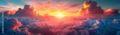 a colorful sunset with clouds, in the style of impressive panoramas, light red, photo-realistic landscapes, subtle luminosity, lightbox, dark yellow and light azure. Generative AI