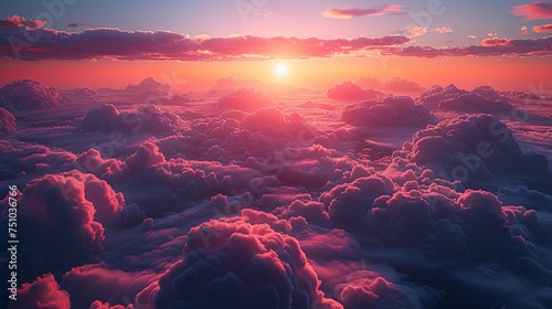 a nice sunrise view of a bright pink sky with clouds below, in the style of photorealistic details, photo-realistic landscapes, aerial view. Generative AI
