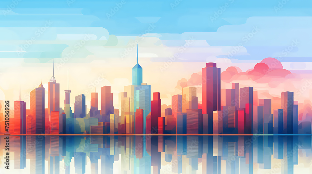 A vector graphic of a modern skyline with skyscrapers.