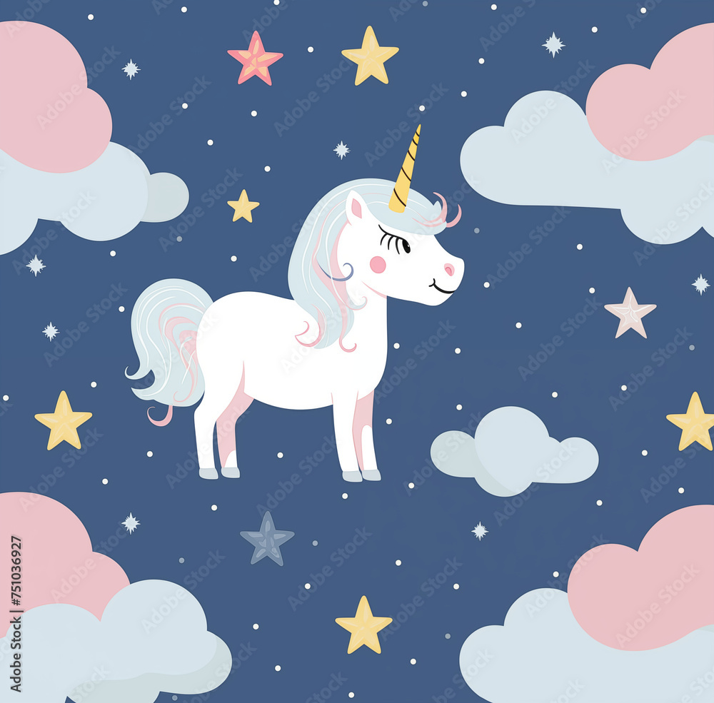 Vector flat illustration of a whimsical unicorn among stars and clouds on a dark blue sky, perfect for children's fantasy and bedtime stories Vector flat illustration of a whimsical unicorn among stars and clouds on a dark blue sky, perfect for children's fantasy and bedtime stories