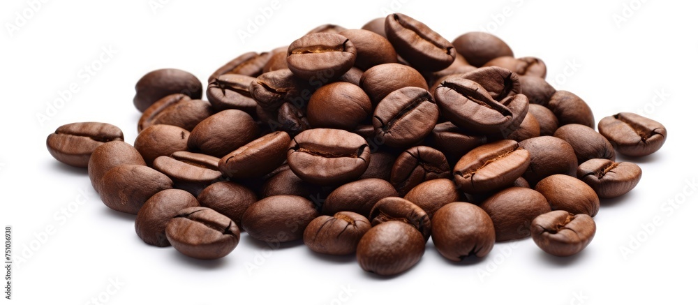 A pile of delicious coffee beans is displayed on a white background. The rich color and aroma of the coffee beans are prominent in the image, making it ideal for any coffee enthusiast. A pile of delicious coffee beans is displayed on a white background. The rich color and aroma of the coffee beans are prominent in the image, making it ideal for any coffee enthusiast.