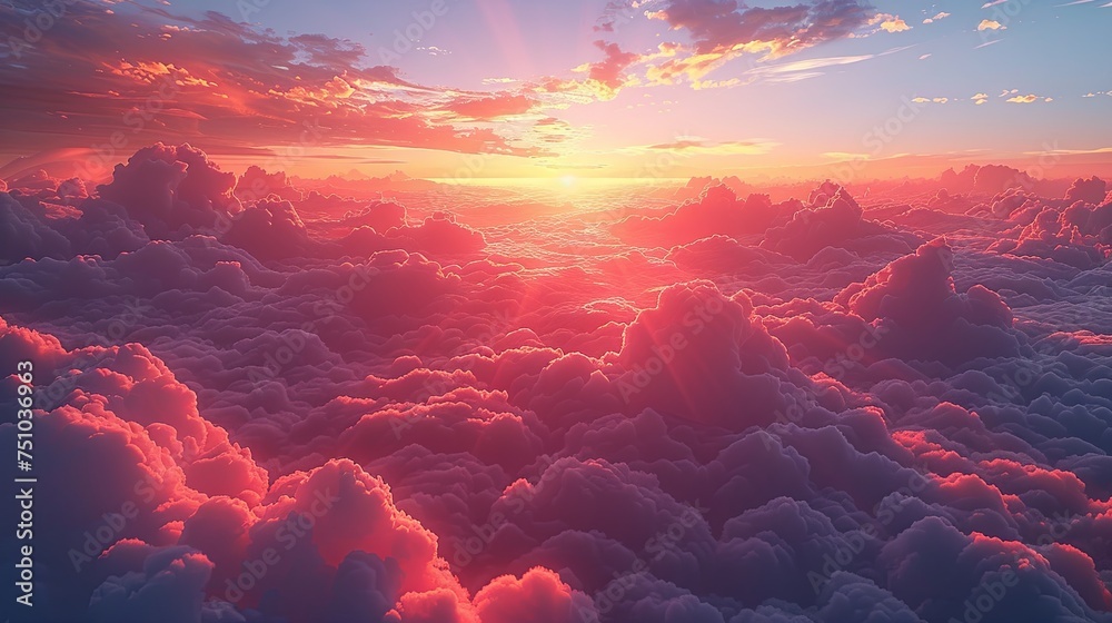 a sunrise over the sky with clouds, in the style of photorealistic, aerial view, realistic landscapes with soft edges, photo-realistic landscapes, realistic scenery. Generative AI