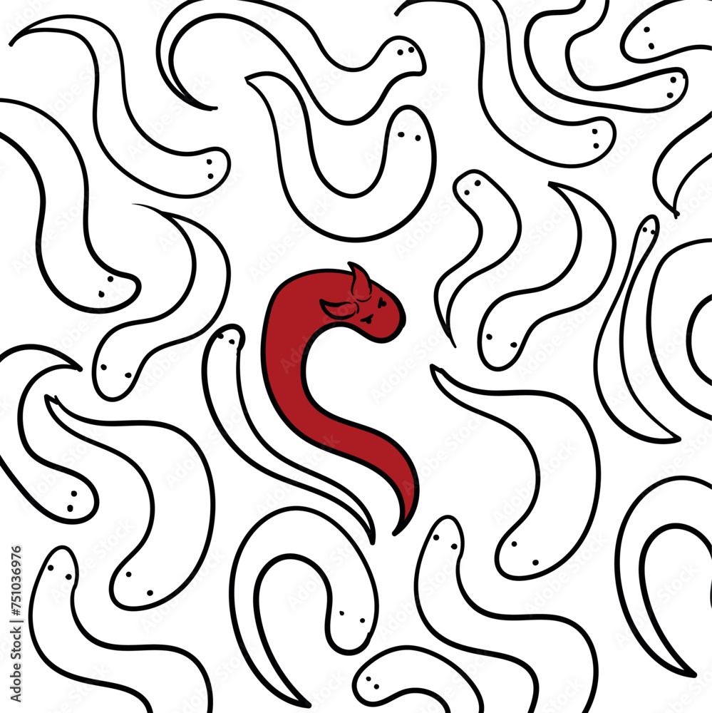 A cluster of cartoon worms, among which a red horned specimen stands out. A cluster of cartoon worms, among which a red horned specimen stands out.