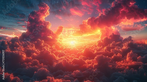 a sky with clouds and stars, in the style of colorful fantasy realism, aerial view, faith-inspired art, photorealistic landscapes, sunrays shine upon it, romantic scenery. Generative AI