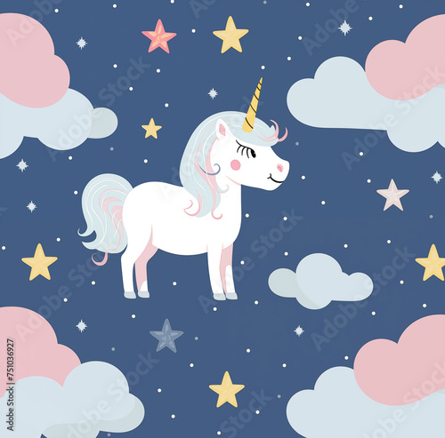 Vector flat illustration of a whimsical unicorn among stars and clouds on a dark blue sky, perfect for children's fantasy and bedtime stories