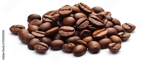A pile of delicious coffee beans is displayed on a white background. The rich color and aroma of the coffee beans are prominent in the image, making it ideal for any coffee enthusiast.