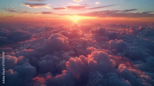 a sunrise over the sky with clouds, in the style of photorealistic, aerial view, realistic landscapes with soft edges, photo-realistic landscapes, realistic scenery. Generative AI © Skiffcha