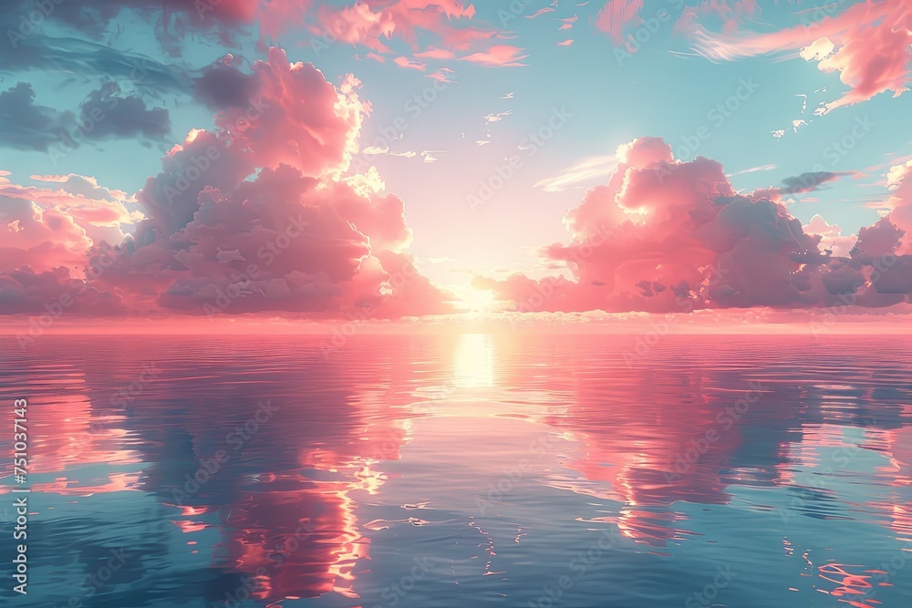 an interesting image of the sunset with cloudy sky and water, in the style of light turquoise and pink, photorealistic pastiche, soft color fields, lively coastal landscapes. Generative AI