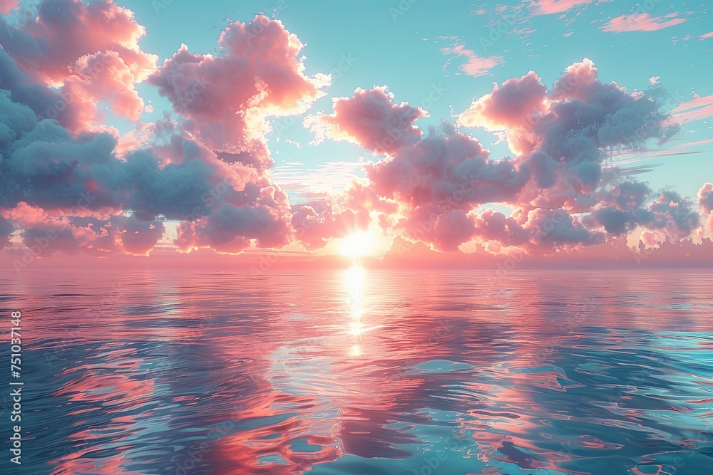 an interesting image of the sunset with cloudy sky and water, in the style of light turquoise and pink, photorealistic pastiche, soft color fields, lively coastal landscapes. Generative AI an interesting image of the sunset with cloudy sky and water, in the style of light turquoise and pink, photorealistic pastiche, soft color fields, lively coastal landscapes. Generative AI