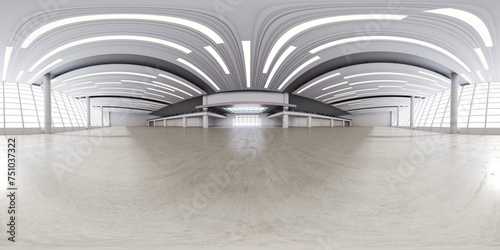 Full spherical hdri panorama 360 degrees of empty exhibition space. backdrop for exhibitions and events. Tile floor. Marketing mock up. 3D render illustration photo