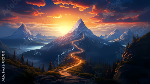 Road to success concept  glowing mountain ladder