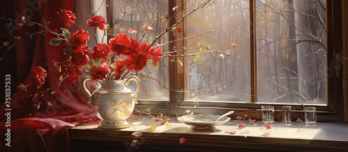 A painting featuring gorgeous red flowers in a gold vase on a window sill. The vibrant red petals stand out against the warm tones of the vase  adding a pop of color to the scene.