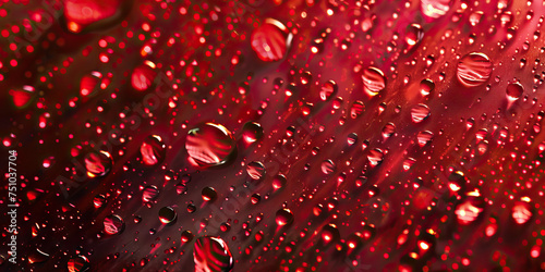Ruby Raindrops Macro Background. A striking close-up of crimson red raindrops on a windowpane, with glistening surfaces and vibrant colors, capturing the beauty of a rainy day. photo