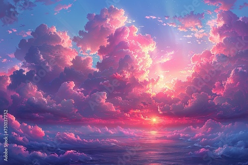 pink sky above clouds, in the style of photorealistic fantasies, light magenta, chromatic landscape, hyper-detailed. Generative AI
