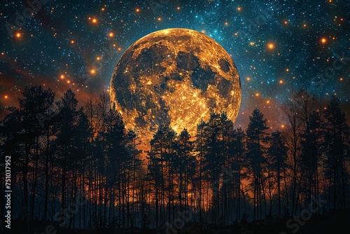 moonrise sky, stars, milky and trees, in the style of spectacular backdrops, realistic usage of light and color, panoramic scale . Generative AI