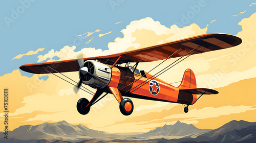 A vector graphic of a vintage biplane soaring through the sky.