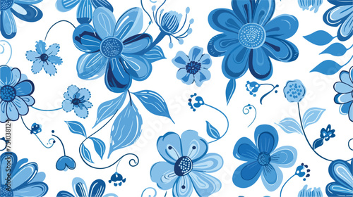 Floral abstract blue cartoon seamless pattern on whi
