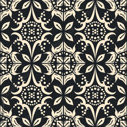 Chic and detailed monochrome wrapping paper pattern with a blend of floral and geometric shapes. Vector illustration, great for creative projects