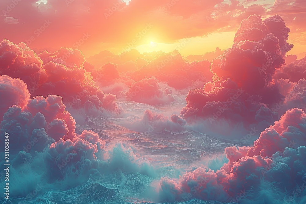 sunset cloud cloud ocean landscape backgrounds, in the style of pastel color scheme, dark turquoise and light red, solarizing master, pastel dream, photo-realistic landscapes. Generative AI