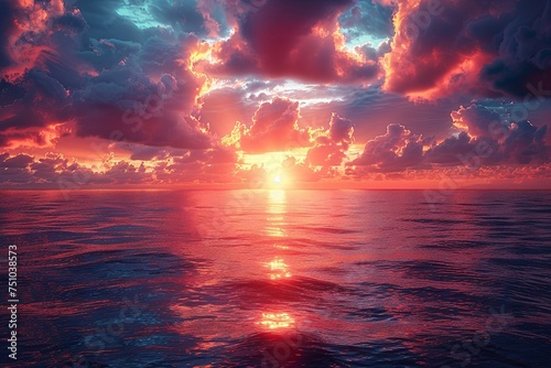 sunset on the ocean with clouds, in the style of light orange and dark azure, stylish, god rays, photorealistic pastiche, delicate, matte photo. Generative AI