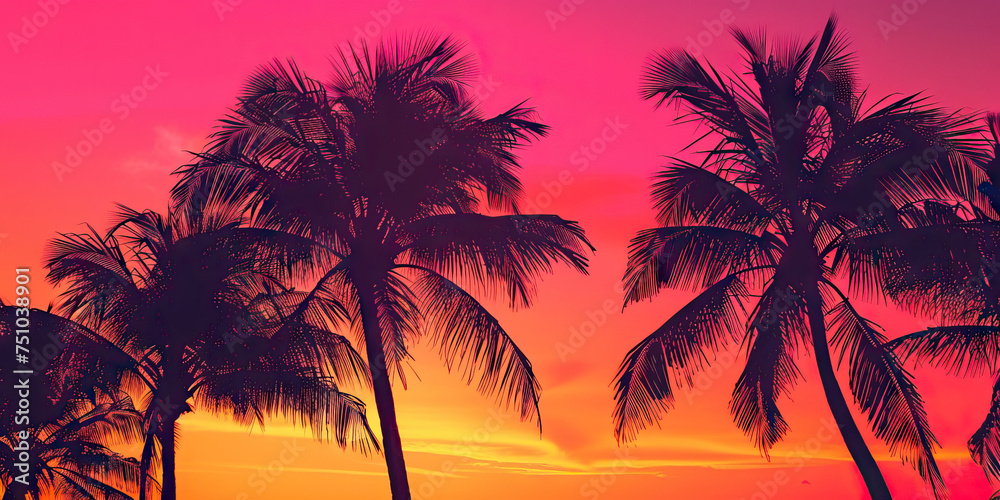Sunset Silhouette Macro Background. A breathtaking close-up of silhouetted palm trees against a fiery orange and pink sky, capturing the vibrant colors of a tropical sunset, filling the scene with war