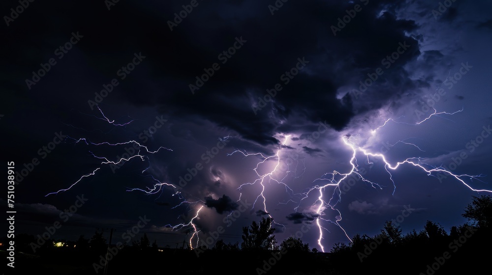 Fototapeta premium Lightning Strike in the dark sky over the city. Lightning storm over city in purple light