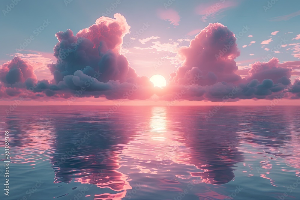 the sun setting over a ocean with clouds on the ocean, in the style of pastel color palette, photo-realistic landscapes, light turquoise and dark pink. Generative AI - obrazy, fototapety, plakaty 