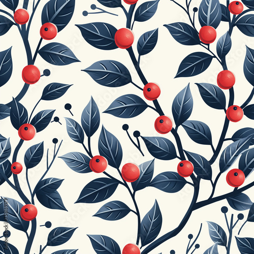 Stylish wrapping paper pattern Vector flat illustration with sophisticated blue foliage and bold red berries, perfect for modern gift wrapping and crafts