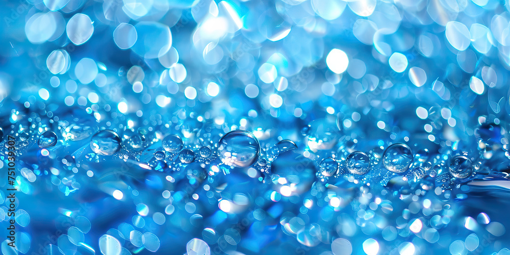Sapphire Serenity Macro Background. A mesmerizing close-up of crystal clear water droplets, glistening with shades of blue and reflecting ambient light, invoking a feeling of calm and serenity