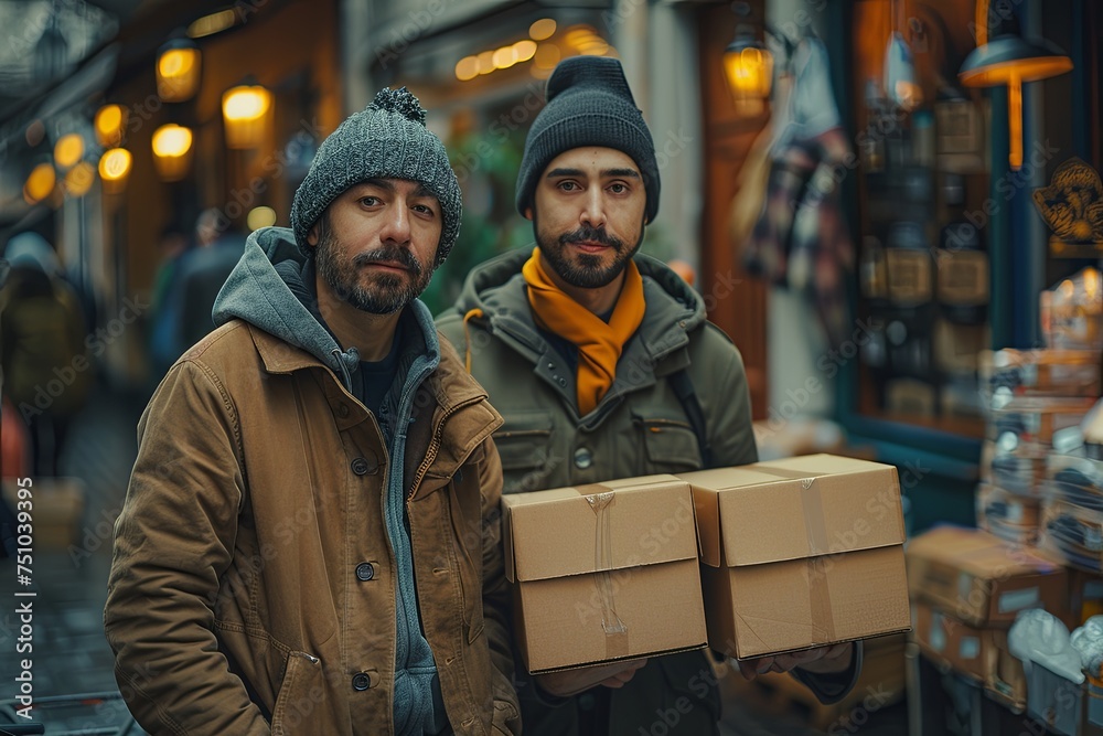 two delivery people standing next to each other, in the style of blurry details, poster, letterboxing. Generative AI two delivery people standing next to each other, in the style of blurry details, poster, letterboxing. Generative AI