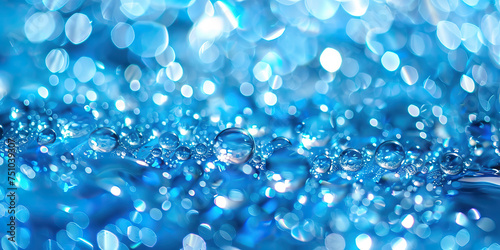 Sapphire Serenity Macro Background. A mesmerizing close-up of crystal clear water droplets, glistening with shades of blue and reflecting ambient light, invoking a feeling of calm and serenity photo